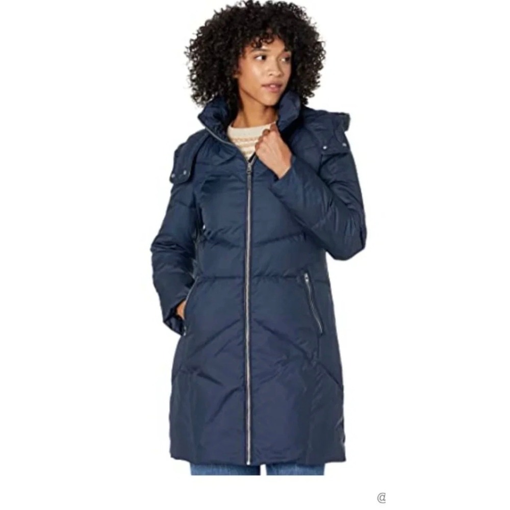 Cole Haan Navy Blue Down Puffer Coat Quilted Mid-Length Parka Hooded XS